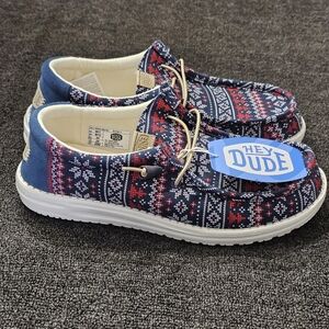 Hey Dude Mens Wally Winter Sweater Navy/Multicolor Slip-On Casual Shoes Size 11M